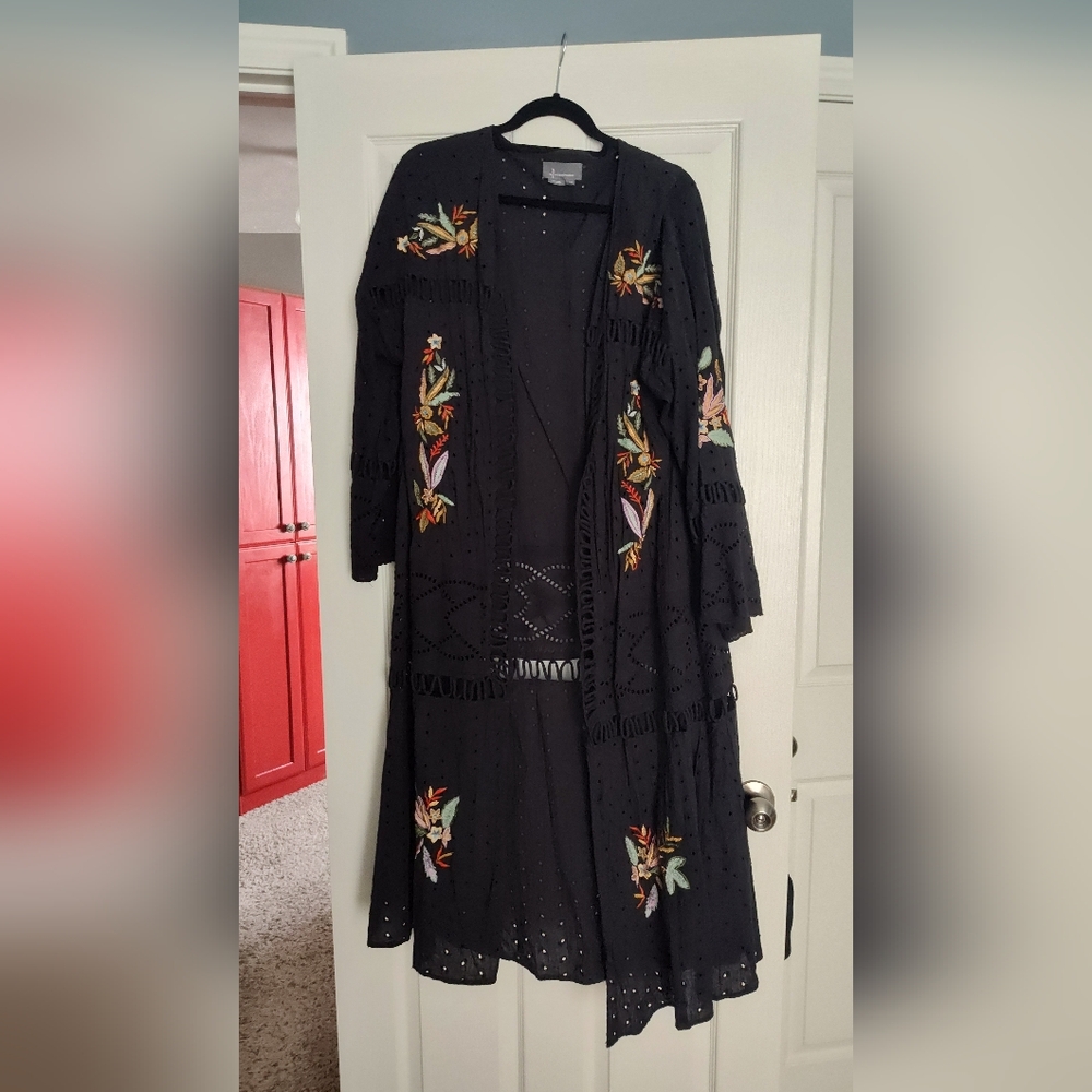 Anthropologie Black Duster with Floral Embroidery
